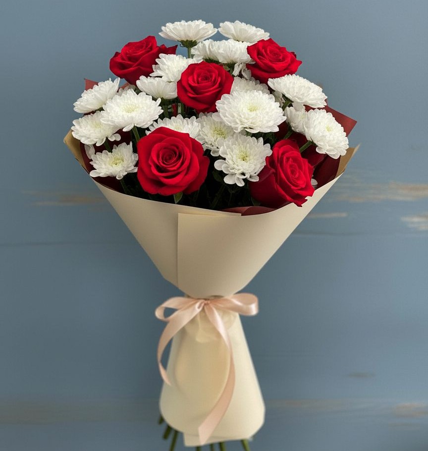 Букет цветов из: Розы и Хризантемы в Поселке дома отдыха Бекасово