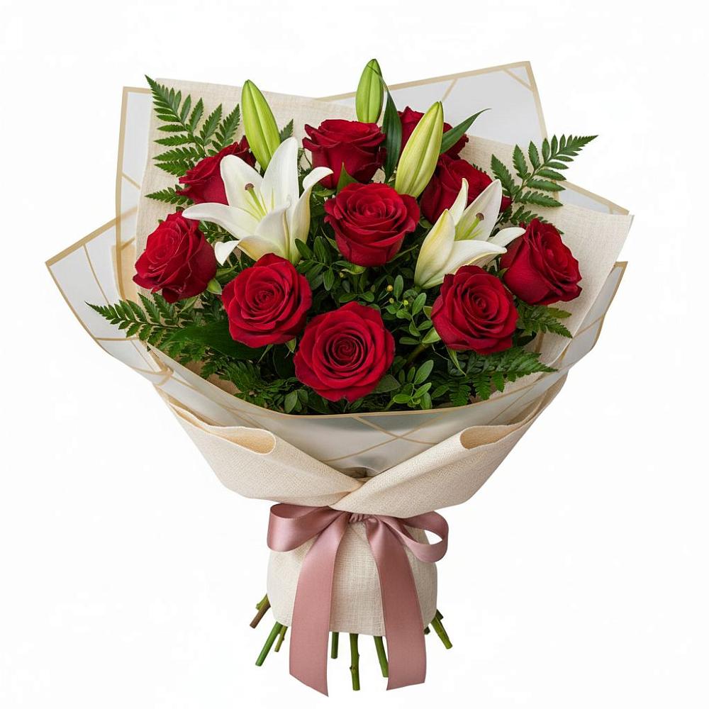 Букет цветов из: Лилии и Розы в Поселке дома отдыха Бекасово