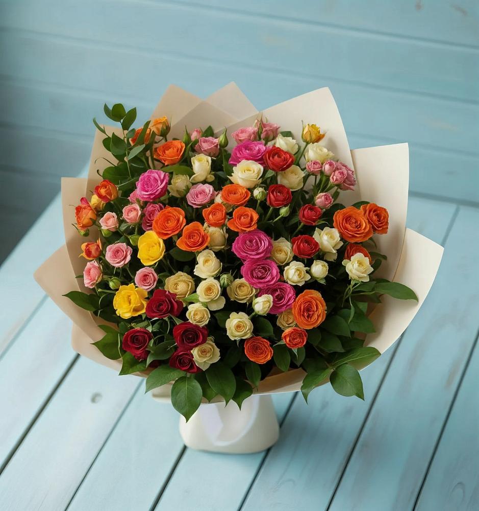 Букет Микс из разноцветных кустовых роз в Поселке дома отдыха Бекасово