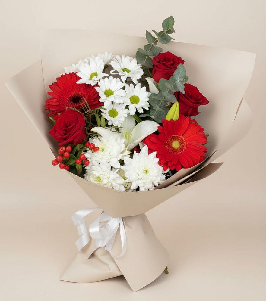 Букет цветов из: Розы, Хризантемы, Герберы и Лилии в Поселке дома отдыха Бекасово