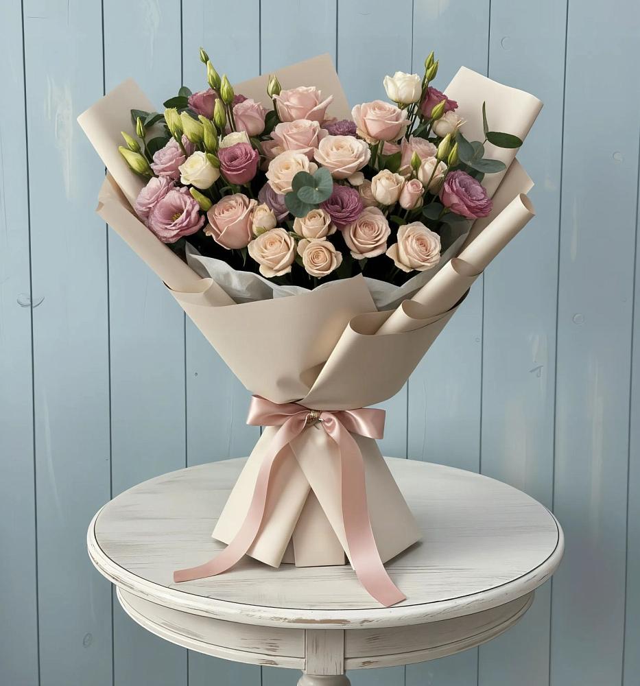 Букет цветов из: Розы и Лизиантусы в Поселке дома отдыха Бекасово