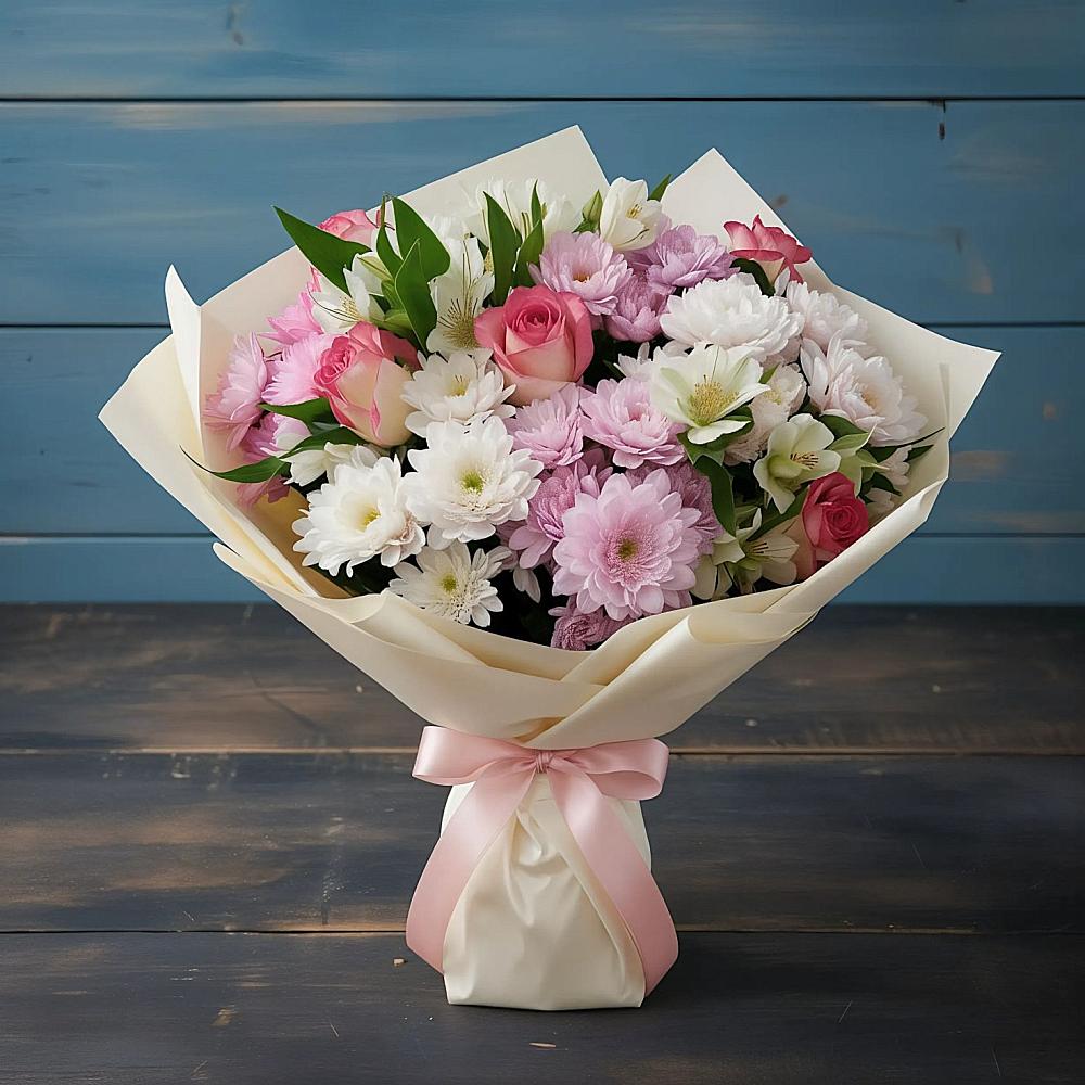 Букет цветов из: Хризантемы, Альстромерии и Розы в Поселке дома отдыха Бекасово